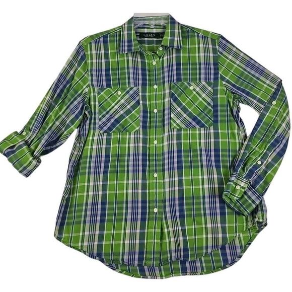 Lauren Ralph Lauren LRL ~Woman Size L Petite~ Green/Blue Plaid Shirt Long Sleeve - Picture 5 of 12